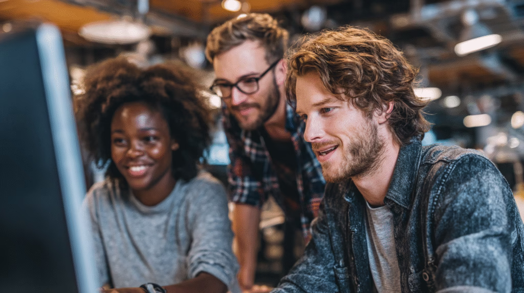 ungt marketing team tittar på en produktdemo-video